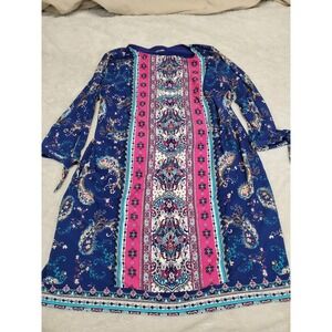 Chico's Blue Pink Medallion Print 3/4 Sleeve Stretchy‎ Midi Dress 20 4 Office